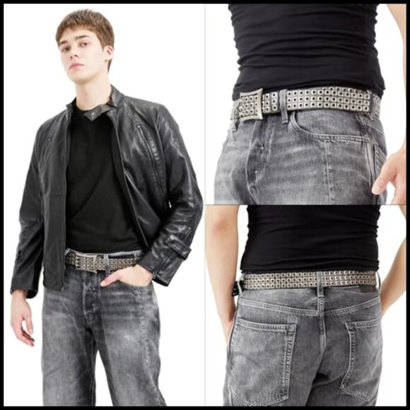 Genuine Leather Studded Belt Punk Rock Three Row Rivets